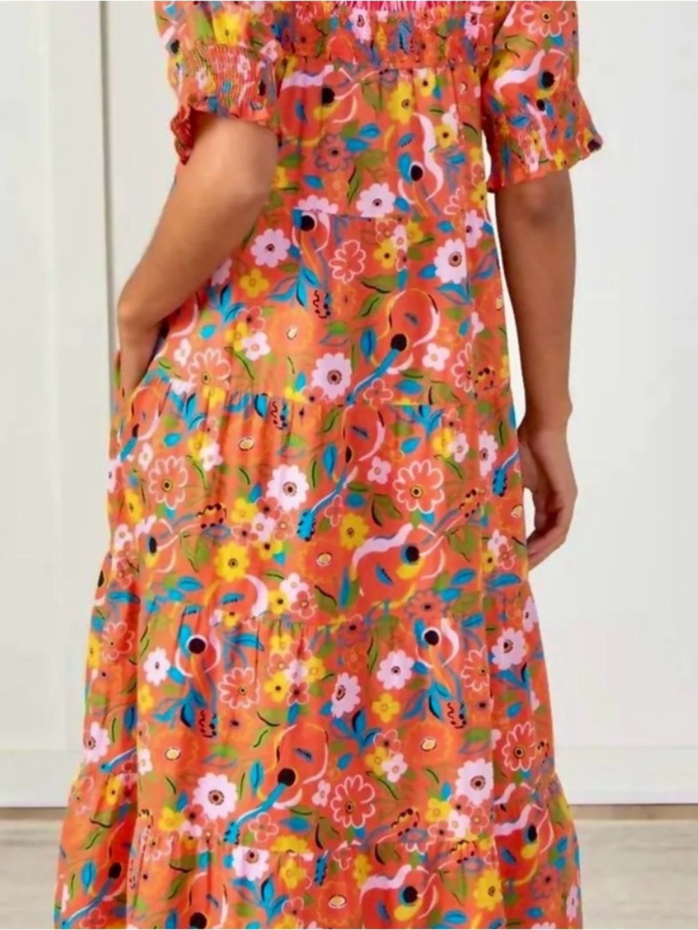 Printfresh Dress The Muse Tiered Midi Dress Smocked Puff Sleeve in Peach Cobbler - Picture 4 of 7